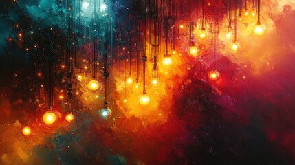 Abstract art: glowing bulbs, fiery, dark background.
