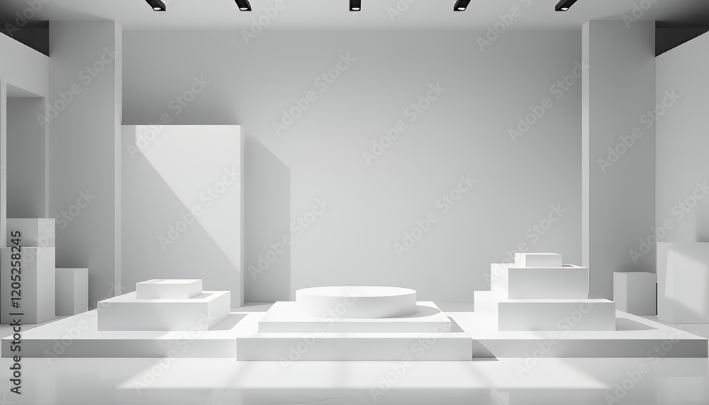 Poster clean minimalist white podium display for product promotion and presentation with geometric shapes a
