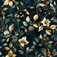 Elegant Gold and Teal Floral Design: Watercolor Leaves and Blossoms Seamless Pattern for Textile and Decor