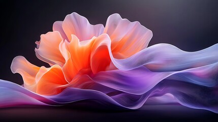 Abstract orange purple flowing fabric art, dark background, design element
