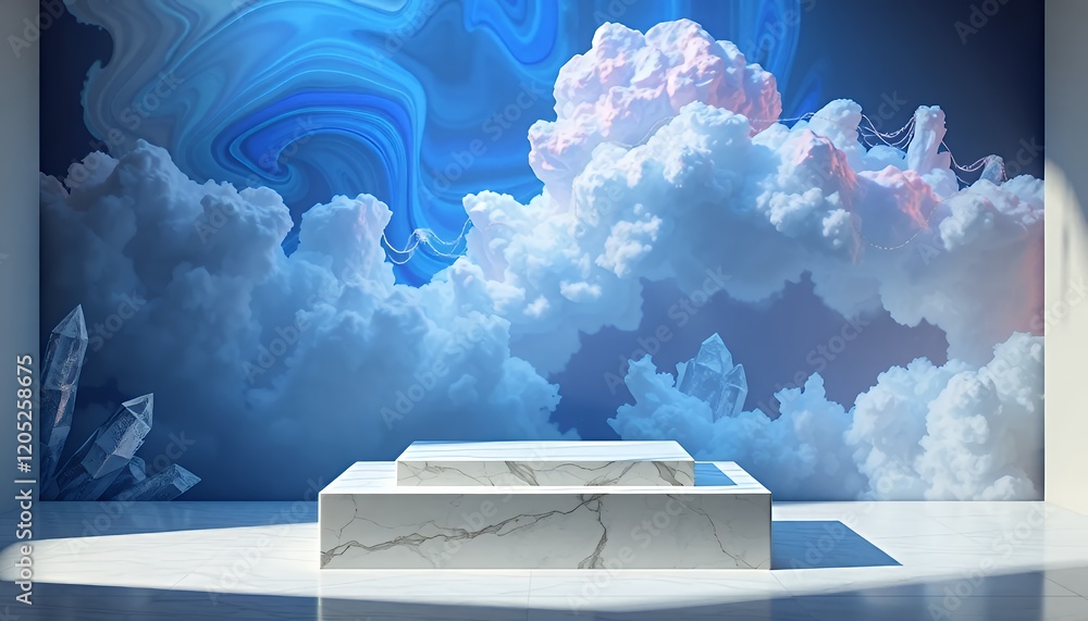 Poster dreamy cloudscape backdrop with elegant marble podium for product display and promotion