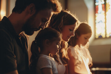 Family praying to god.