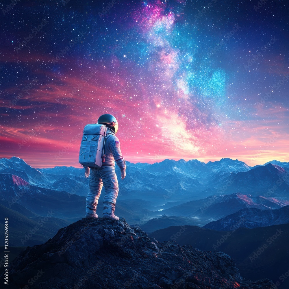 Poster astronaut exploring distant planet at dusk starry sky sci-fi artwork eye level view cosmic adventure