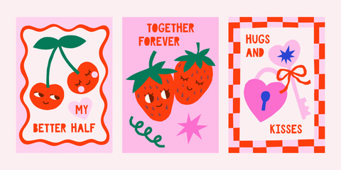 Cute cutout style Valentine's Day vector cards. Hand drawn simple groovy illustrations set with cherry and strawberries characters, lock and key
