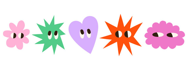 Comic abstract shapes with eyes vector illustrations set. Groovy colorful geometric characters design