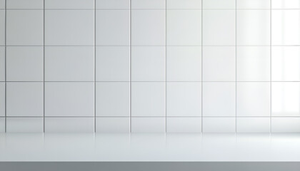 Empty white laminated surface over blurred square ceramic tile wall