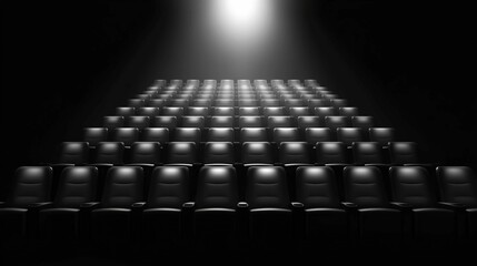 Obraz premium Empty movie theater with spotlight casting a solitary beam on the stage, symbolizing the power of imagination and the potential for new beginnings in a quiet, reflective space.