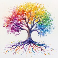 Watercolor painting of a tree with rainbow-colored leaves, surrounded by roots that branch out into various colors and shapes, symbolizing growth in diverse areas of life
