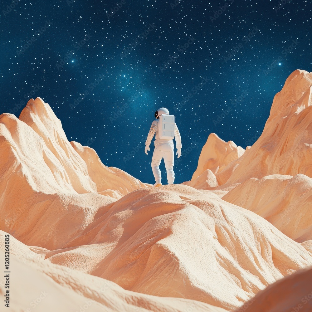 Poster astronaut exploring distant planet at dusk stellar background sci-fi imagery eye-level view cosmic e