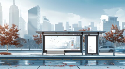 City street with a bus stop in the middle