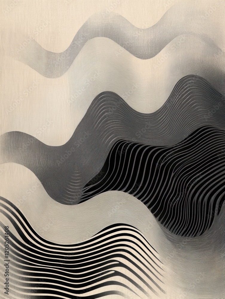 Poster abstract black and white wave patterns creating a dynamic visual effect. generative ai
