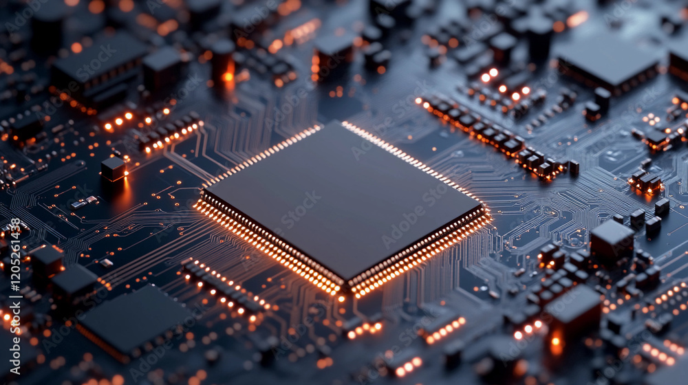 Poster close-up view of intricate circuit board pattern on dark background. generative ai