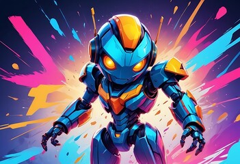 Robot with yellow and orange parts is standing in a colorful background