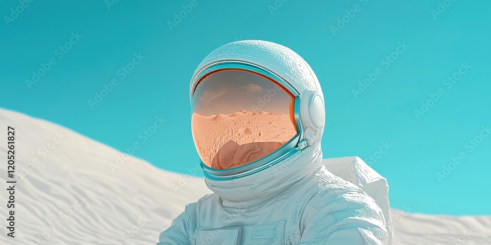Poster astronaut exploring distant planet surface under harsh sunlight low-angle shot emphasizing robust en