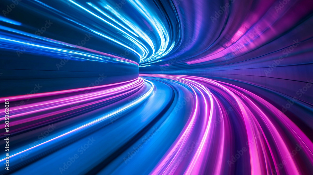 Poster vibrant tunnel with swirling blue and pink lights creating a dynamic effect. generative ai