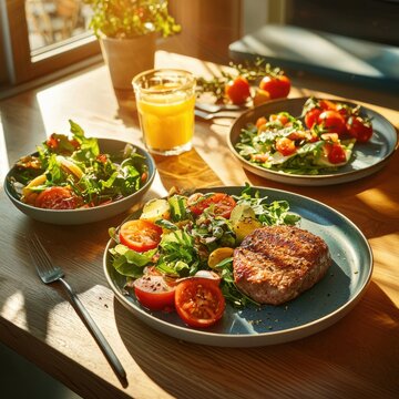 Delicious balanced diet meals in a modern kitchen warm ambient light three-quarters view healthy living