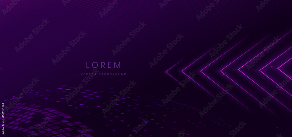 Poster abstract neon glowing arrow overlapping on dark purple background. technology data communication con
