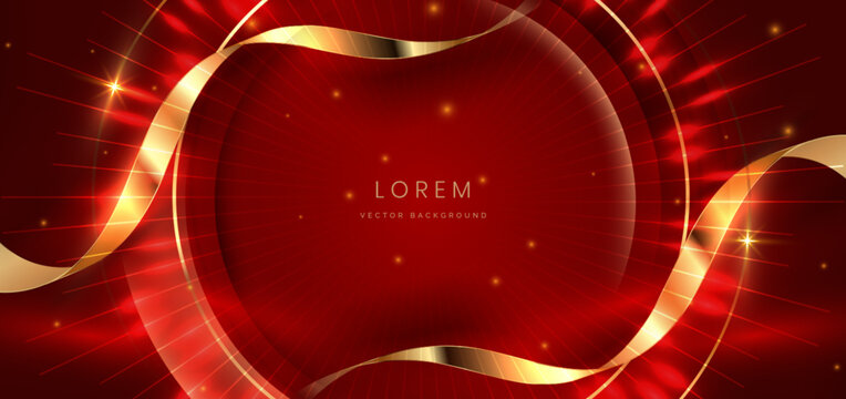 Luxury red background with gold ribbon and lighting effect.
