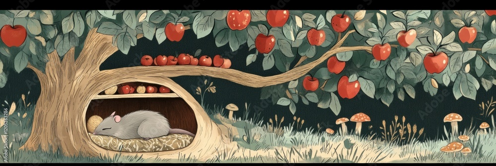 Poster Cozy mouse resting under a fruit laden tree in a peaceful forest environment during late afternoon light. Generative AI
