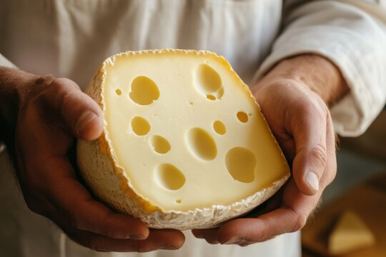 Artisan cheesemaker holds freshly made cheese in a rustic workshop during daylight hours