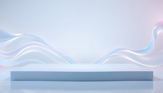 Elegant Pastel Podium with Iridescent Waves: A Modern Product Display Mockup for Promotion and Branding