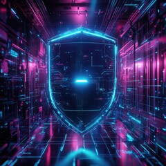 Neon-lit dark room with shield