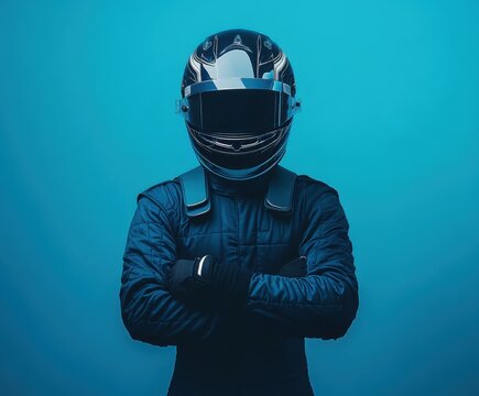 Motorsport driver in racing suit and helmet poses confidently against a blue background