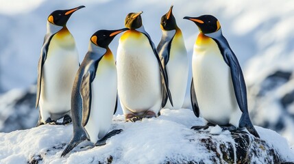 Fototapeta premium Penguins nesting on Antarctica coastline. Sea birds colony stand together on top of snow covered hill rock. Polar wildlife penguins behaviors in cold environment. Antarctica travel and exploration