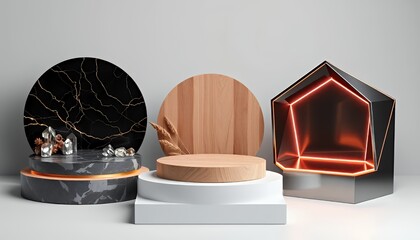 Elegant Podium Display with Geometric Shapes and Luxurious Decor for Product Promotion and Branding