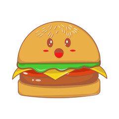 kawaii style Surprised hamburger character suitable for foodrelated designs, kids products, social media posts, and advertising campaigns targeting a young audience
