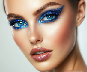 Naklejka premium Stunning close-up of a model showcasing bold blue eye makeup with shimmering details and glossy lips