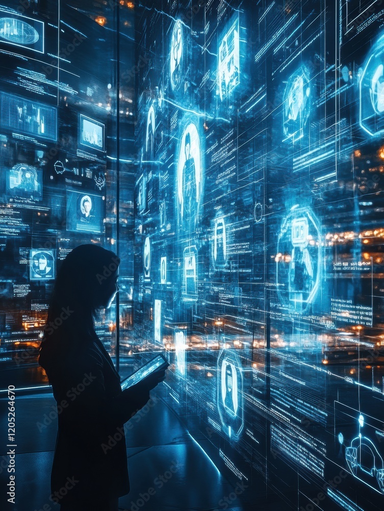 Aufkleber Exploring digital data visualizations in a futuristic urban environment at night. Generative AI