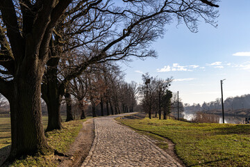 Spring park with cobblestone path by the river and trees without leaves. Spring landscape. Poland