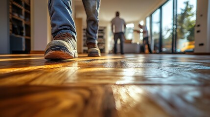 Team of skilled carpenters working on interior wooden installations