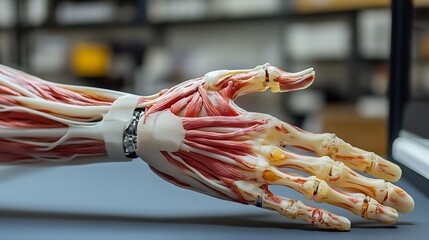 Anatomical Model of a Human Hand and Forearm Showing Muscles and Bones