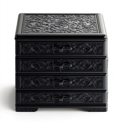 Black Intricate Carved Wooden Box with Four Drawers, Exquisite Craftsmanship, Asian Design Style
