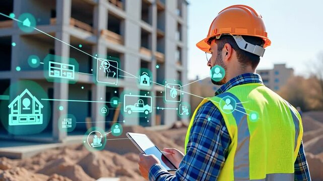A construction worker uses technology on-site, surrounded by digital icons representing data.