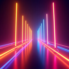 Fototapeta premium A vivid 4D-rendered wallpaper with a yellow and magenta neon theme, featuring glowing lines climbing upwards in ultraviolet brilliance, evoking a futuristic laser-scape.