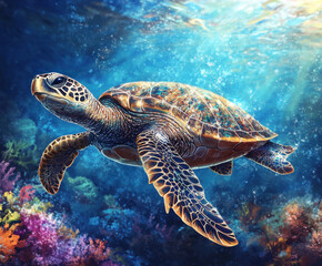 Obraz premium Graceful sea turtle swimming through vibrant coral reefs in a clear ocean