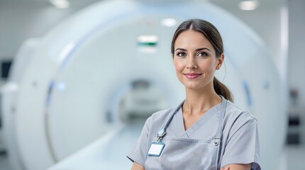Female MRI Technician Posing Near an Advanced MRI Scanner (Healthcare)
