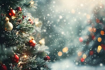 Christmas tree with red and gold ornaments and snow falling on it