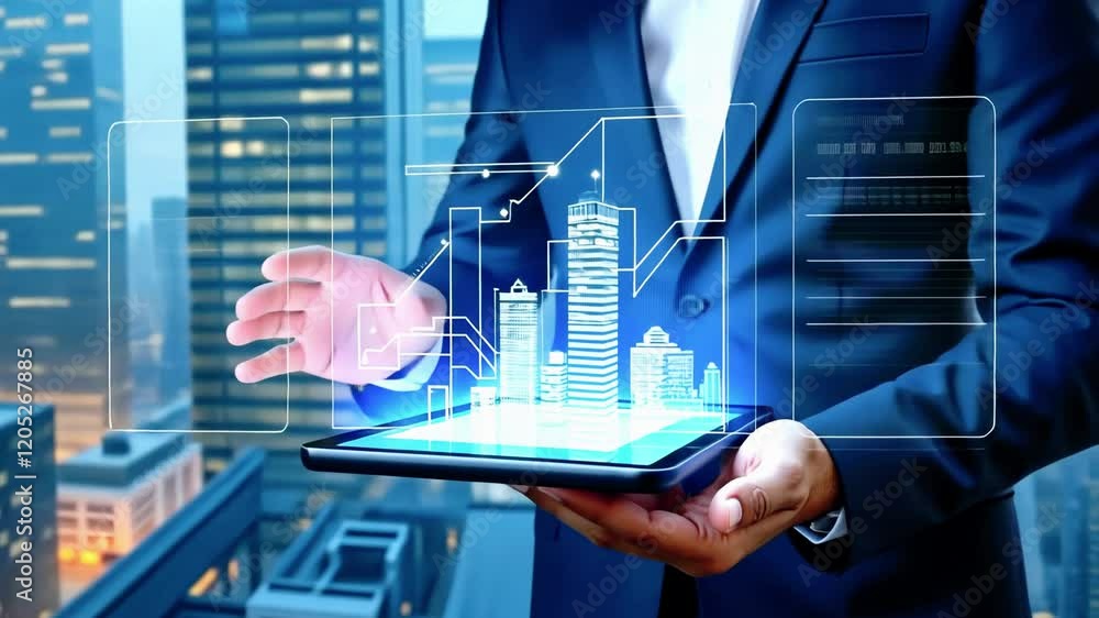 Aufkleber a person interacts with a digital tablet displaying a 3d cityscape in an urban setting.