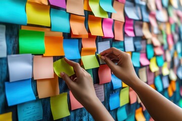Hands arranging sticky notes on a wall.
