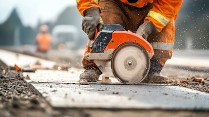 A construction worker using a diamond saw to cut concrete for expansion joints in a highway construction project, Concrete cutting scene, Infrastructure expansion style