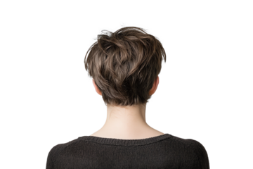 A close-up of the back of a person's head showcasing a trendy hairstyle. The individual is wearing a dark sweater in a minimalist setting.