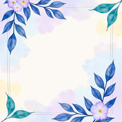 Vibrant floral frame design for invitations and greetings in shades of blue and purple watercolor background
