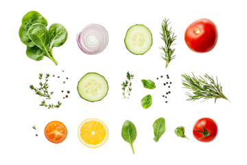 A collection of fresh vegetables and herbs arranged artistically. Includes spinach, onions, cucumbers, tomatoes, and various aromatic herbs.