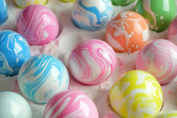 Obraz premium easter eggs marbel on pastel background with spring flowers