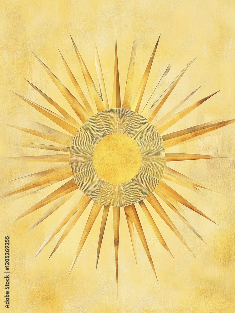 Poster golden sunburst design with intricate rays and circular center on a bright yellow background. genera