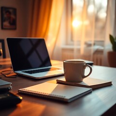 Fototapeta premium Laptop, coffee, notebooks on wooden desk at sunset.